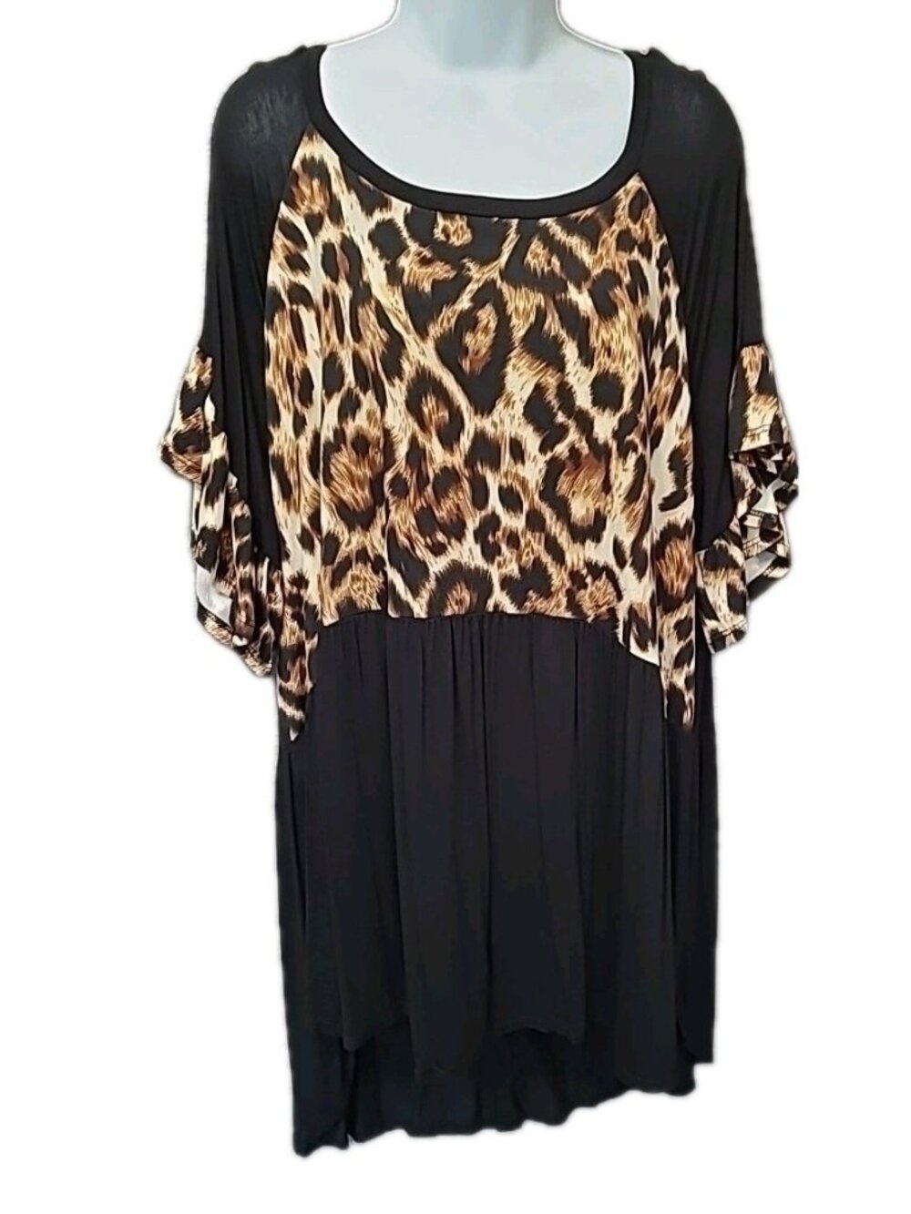 Simply Irresistible Womens 2X Plus Leopard Print Knit Shirt Top Flare Ruffle Slv